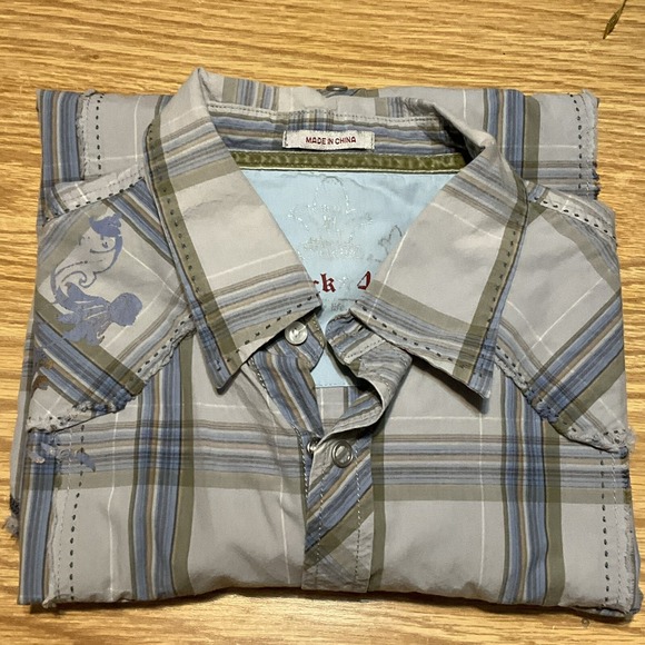 Wrangler Rock 47 Shirt Mens XL Black/Gray Plaid Western Pearl Snap W/Graphic - Picture 6 of 14